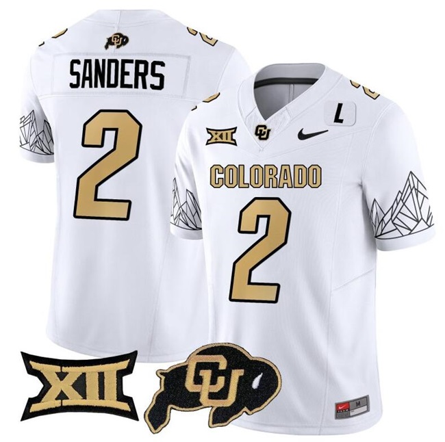 Men's Colorado Buffaloes #2 Shadeur Sanders White 2023 F.U.S.E. With Big 12 XII Patch Stitched Football Jersey Men's Colorado Buffaloes #2 Shadeur Sanders White 2023 F.U.S.E. With Big 12 XII Patch Stitched Football Jersey